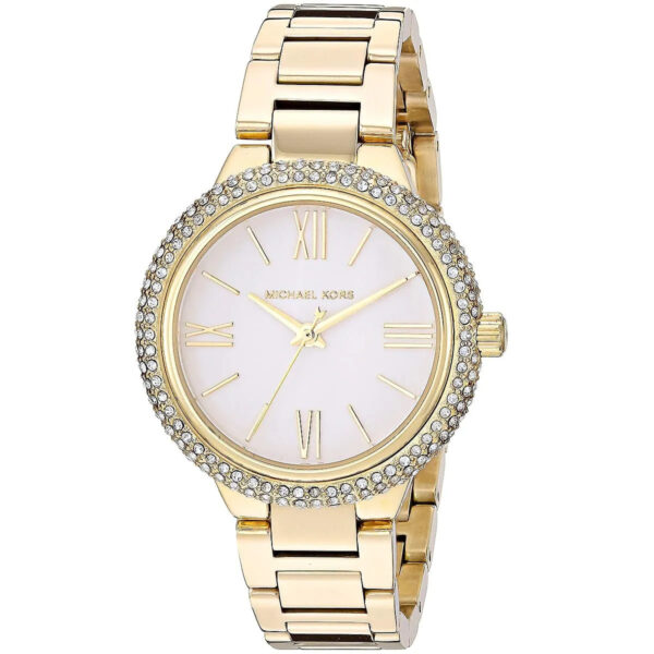 Michael Kors Taryn watch with pale gold dial, Roman numerals, and crystal-set bezel