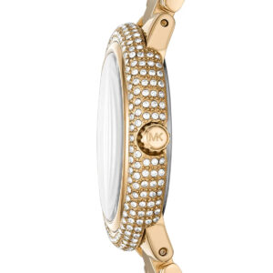 Detailed side view of Michael Kors Taryn watch with pave crystal bezel and MK crown