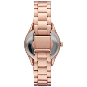 Michael Kors Lauryn rose gold watch caseback showing stainless steel bracelet and case