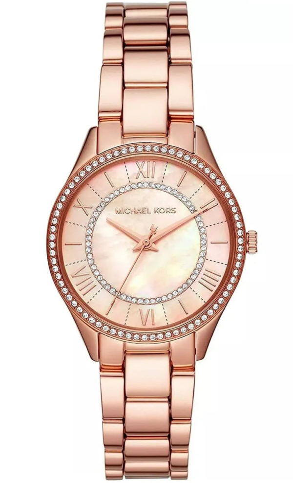 Michael Kors Lauryn rose gold women's watch with crystal bezel and rose gold bracelet