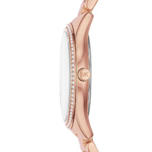 Michael Kors Lauryn watch side view showing rose gold case depth and crystal bezel detail