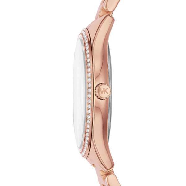 Michael Kors Lauryn watch side view showing rose gold case depth and crystal bezel detail