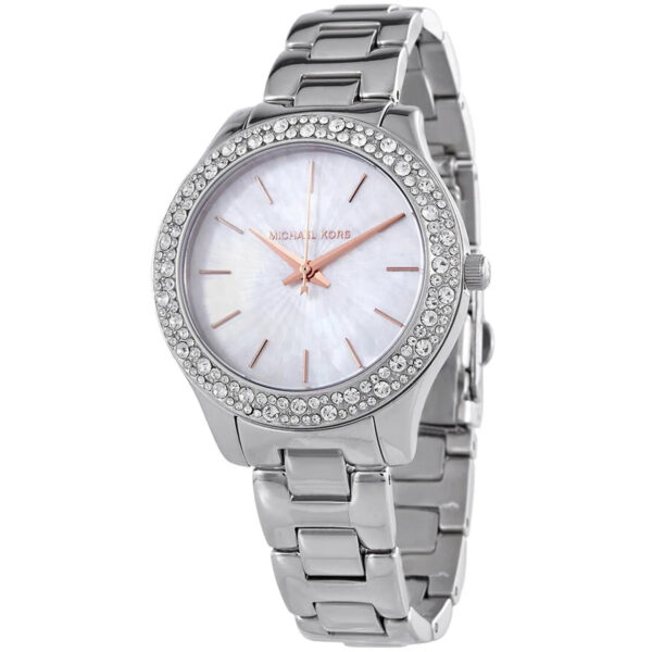 Michael Kors Liliane watch angled view showing white dial with rose gold hands and crystal bezel