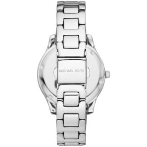 Caseback view of Michael Kors Liliane watch with Michael Kors branding and metal strap