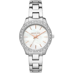 Michael Kors Liliane watch with white mother-of-pearl dial and crystal bezel, silver metal strap
