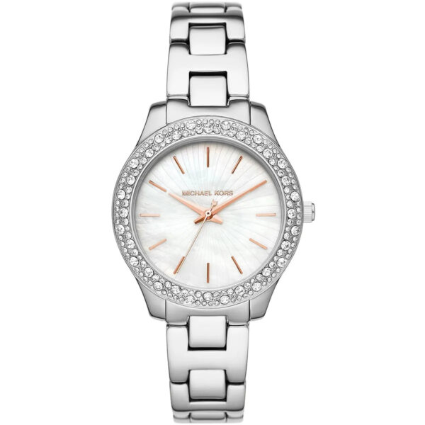 Michael Kors Liliane watch with white mother-of-pearl dial and crystal bezel, silver metal strap