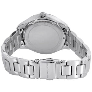 Silver metal bracelet strap of Michael Kors Liliane watch with engraved branding