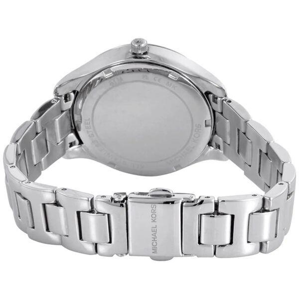 Silver metal bracelet strap of Michael Kors Liliane watch with engraved branding