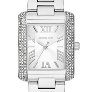 Michael Kors Emery silver-tone women's watch with rectangular dial, crystal-studded bezel, and matching bracelet