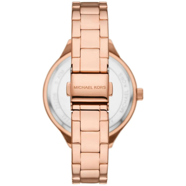 Michael Kors Slim Runway caseback with rose gold tone and branded text on stainless steel