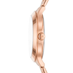 Michael Kors Slim Runway watch side view showing rose gold case and bracelet profile