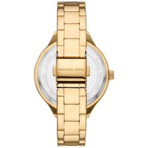 Case back view of Michael Kors MK4659 Slim Runway Aspyn gold watch with Michael Kors branding