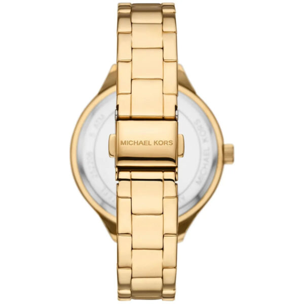 Case back view of Michael Kors MK4659 Slim Runway Aspyn gold watch with Michael Kors branding