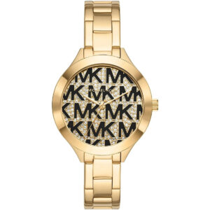 Michael Kors MK4659 Slim Runway Aspyn women's watch with gold case, black MK monogram dial, and gold bracelet