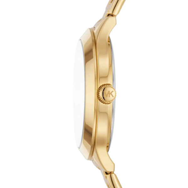 Side profile of Michael Kors MK4659 Slim Runway Aspyn gold watch with MK crown detail visible