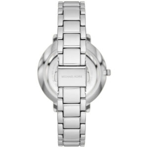 Michael Kors Pyper watch caseback view showing silver stainless steel bracelet