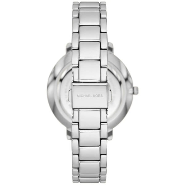 Michael Kors Pyper watch caseback view showing silver stainless steel bracelet