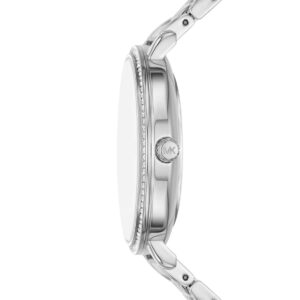 Michael Kors Pyper watch side view showing case profile and MK logo on band