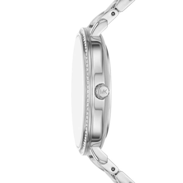 Michael Kors Pyper watch side view showing case profile and MK logo on band