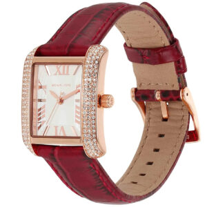 Michael Kors Emery watch angled view showing red leather strap and rose gold crystal-set case