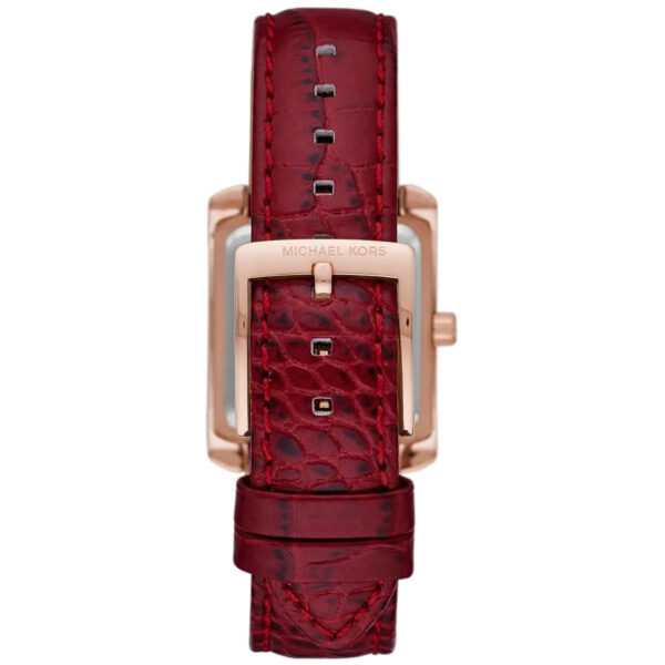 Caseback view of Emery watch showing rose gold case and Michael Kors branding
