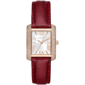 Michael Kors Emery women's watch with white dial, rose gold case with crystal bezel, and red leather strap