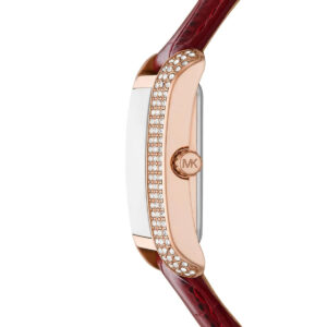 Side profile of Michael Kors Emery watch showing rose gold case thickness and red leather strap