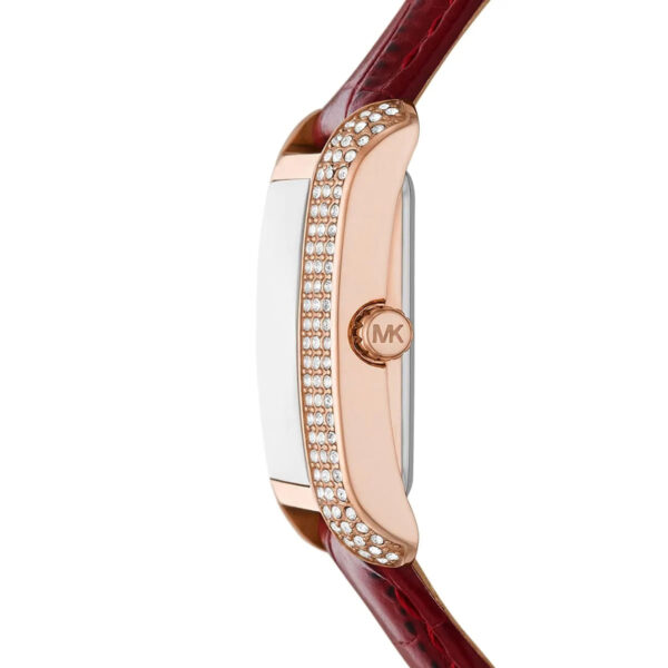 Side profile of Michael Kors Emery watch showing rose gold case thickness and red leather strap