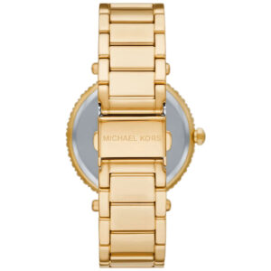 Michael Kors Parker Lux watch caseback showing rose gold-tone stainless steel and bracelet strap