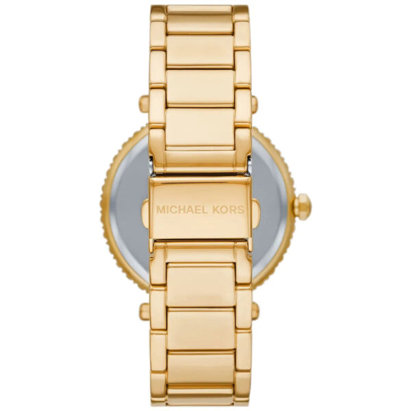 Michael Kors Parker Lux watch caseback showing rose gold-tone stainless steel and bracelet strap