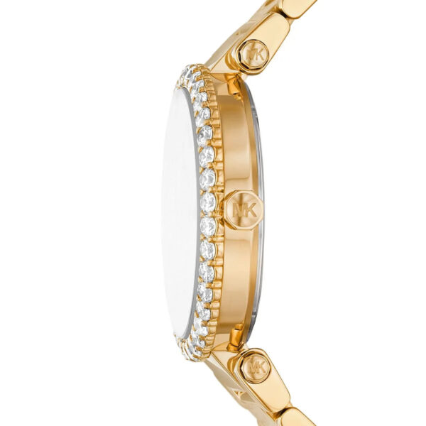 Michael Kors Parker Lux watch side profile showing crystal-set bezel and rose gold case thickness