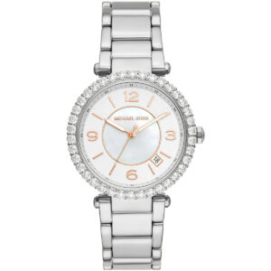 Michael Kors Parker Lux silver-tone women's watch with white dial and crystal bezel
