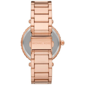 Michael Kors Parker watch caseback showing stainless steel case and crown details