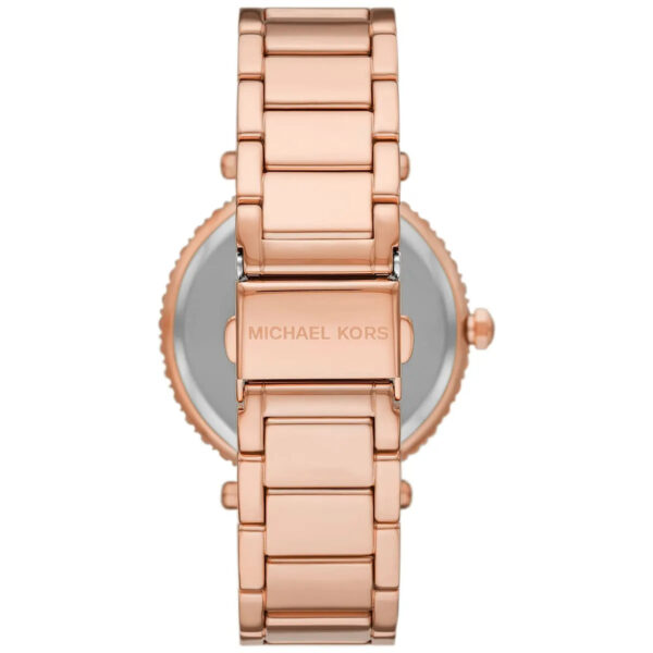 Michael Kors Parker watch caseback showing stainless steel case and crown details