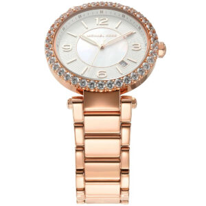 Michael Kors Parker white MOP dial with rose gold hands, numerals, and crystal bezel close-up