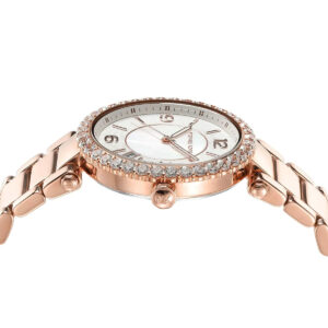 Michael Kors Parker watch top-down view showing crystal bezel and white mother-of-pearl dial