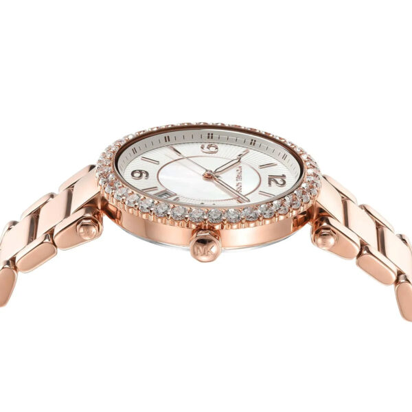 Michael Kors Parker watch top-down view showing crystal bezel and white mother-of-pearl dial