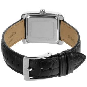 Caseback of the Michael Kors Emery showing the square case with black leather strap and buckle