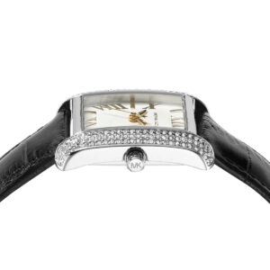 Top-down view of the white dial with Roman numerals, pavé crystal bezel, and MK logo