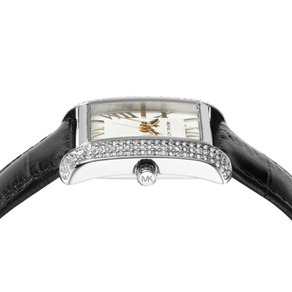 Top-down view of the white dial with Roman numerals, pavé crystal bezel, and MK logo