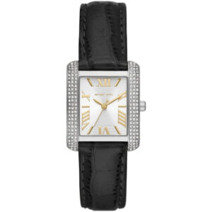 Michael Kors Emery silver-tone women's watch with pavé crystal case, white dial, and black leather strap
