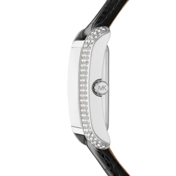 Side profile of the Michael Kors Emery watch showing the crystal-set case and black strap