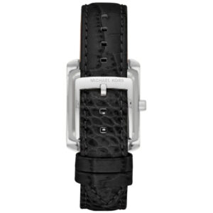 Black crocodile-textured leather strap with silver-tone buckle clasp and Michael Kors branding