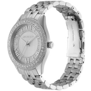 Michael Kors Harlowe watch side view showing crystal-set bezel and metal bracelet