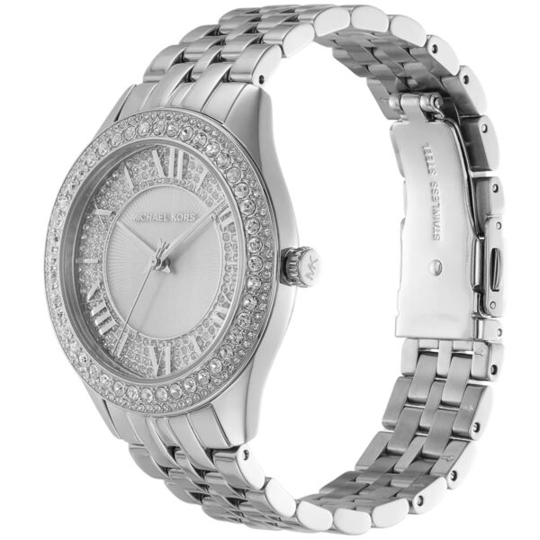 Michael Kors Harlowe watch side view showing crystal-set bezel and metal bracelet