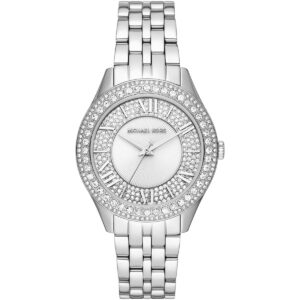Michael Kors Harlowe silver women's watch with pavé crystal bezel and stainless steel bracelet