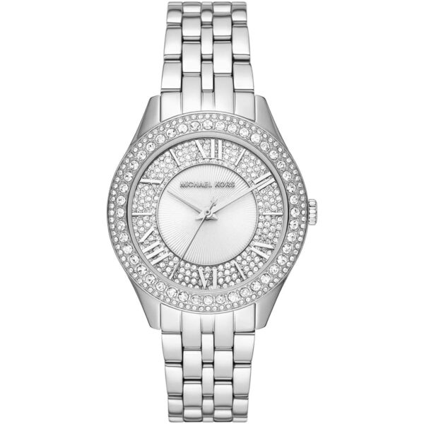 Michael Kors Harlowe silver women's watch with pavé crystal bezel and stainless steel bracelet