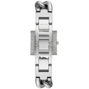 Michael Kors Mini Lock watch back view displaying stainless steel case back and chain links