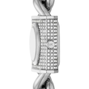 Michael Kors Mini Lock watch side view showing crystal-set case edges and chain strap detail