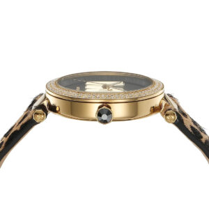 Michael Kors Parker watch dial detail showing black face, MK logo, and gold hands with pavé bezel